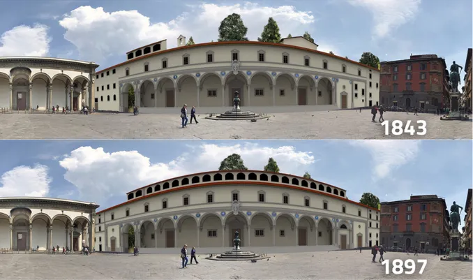 Fig.  5: Digital reconstructions of the façade of Istituto degli Innocenti in different eras through the use of a BIM 
