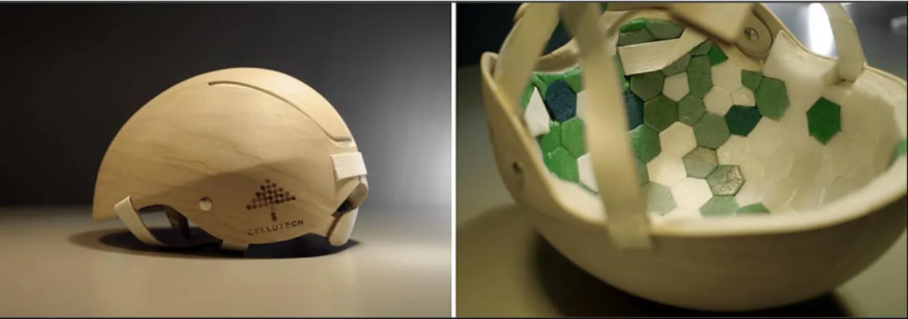 Figure 1. Rasmus Malbert, cycling helmet consisting of a strong wooden shell and nano-cellulose foam cushioning