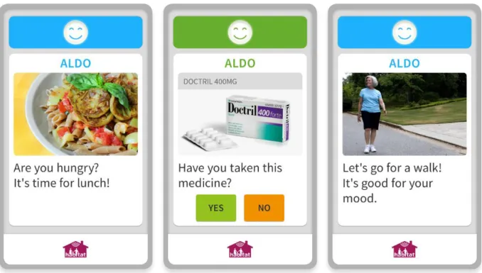 Figure 4. Some screens of ‘Habitat’ interface. The blue category indicates temporary advice to suggest the elderly to do  specific practical actions and the green typology interacts with them in order to monitor their routines or health conditions