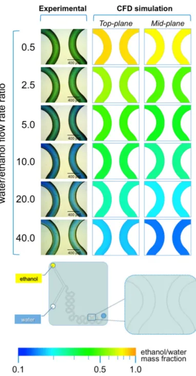 Figure 8. Experimental and computational fluid dynamic (CFD) analysis of the effect of microfluidic  parameters on diffusion, diffusion layer width and water/ethanol interface position, in #chip2-YJ
