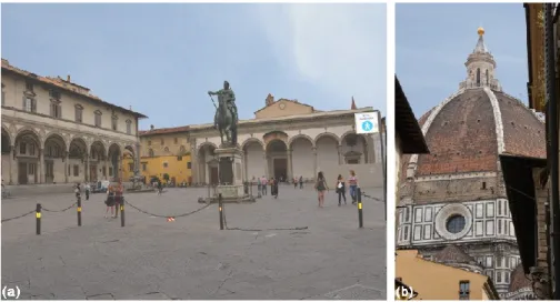 Fig. 1.5 Viste da Via dei Servi, Firenze: (a) Piazza e Chiesa della Santissima Annunziata,                                 (b) Cupola di Santa Maria del Fiore 
