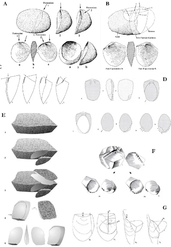 Figure  ‎ 2.5: Reconstitution des schémas de taille de l’éclat Kombewa selon les auteurs A et B d’après (Balout, 1967), C selon (Champault, 1966), D d’après (Mourre, 2003), E d’après 