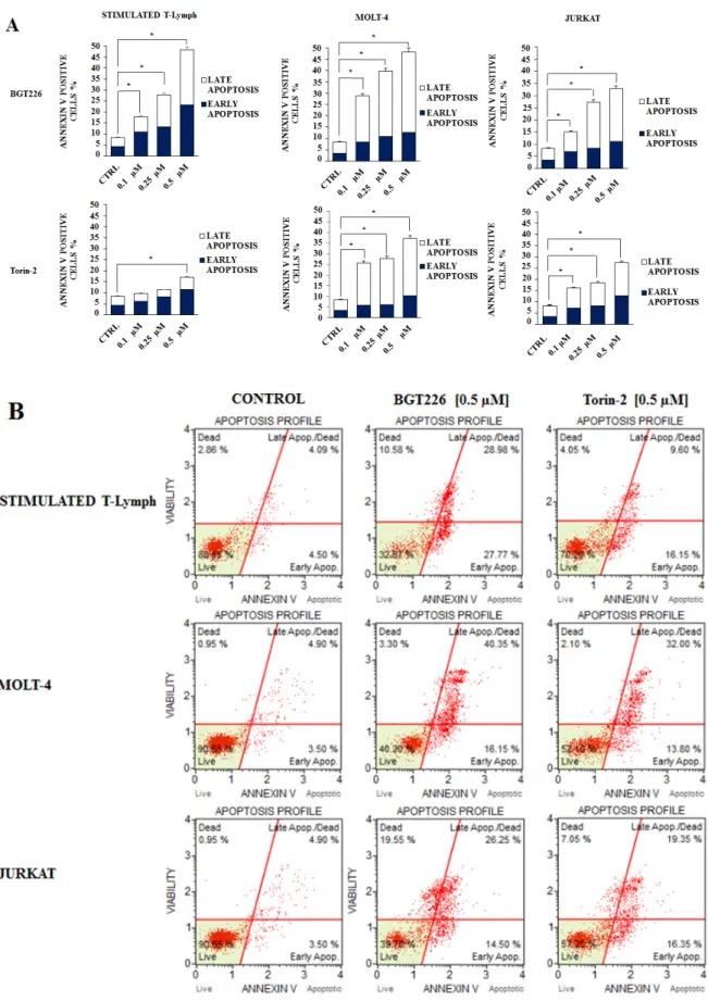 Figure 7: Flow cytometric analysis of drug-induced apoptosis.   A. Analysis  of Annexin-V  positive  cells  after  BGT226  and  Torin-2 treatment using the Muse™ Cell Analyzer in stimulated CD4 +  T lymphocytes, MOLT-4 and JURKAT cells