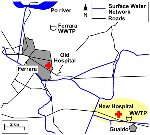 Figure 1.1.: Map of the Ferrara zone with the old and new hospital under construction