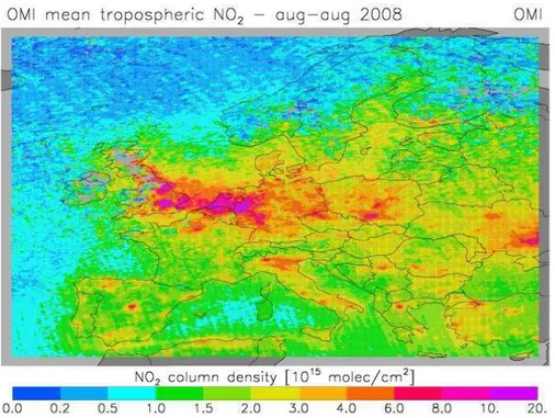 Figure 2.1: OMI mean tropospheric NO 2 in august 2008 (www.knmi.nl/research/