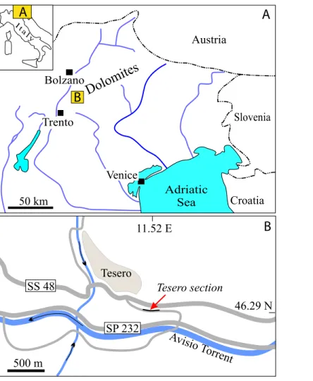 Figure 1 Geographic position of the Tesero section within (A) Italy and within (B) the Fiemme Valley, Trento Province.