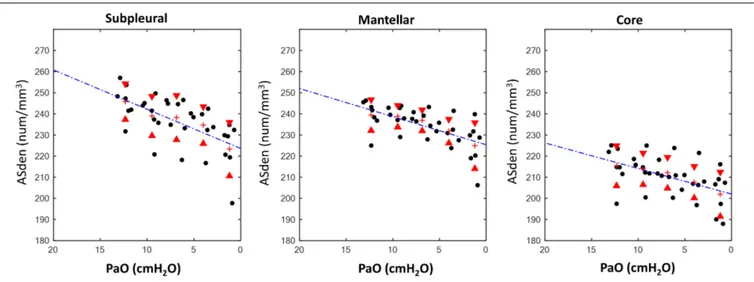 FIGURE 4 | Results, airspaces density (ASden). Relationship between measured positive end expiratory pressure (PaO) and airspaces density (ASden, num/mm 3 ) in