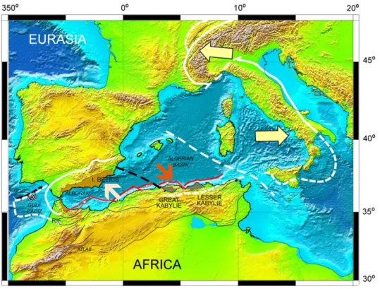 Fig. 7. Topographic map of the Central and Western Mediterranean with the distribution of HP metamorphic complexes along the Betic–Rif system (Internal Betics and Internal Rif), and along the Tellian fold belt in northern Africa (Great and Lesser Kabylies)