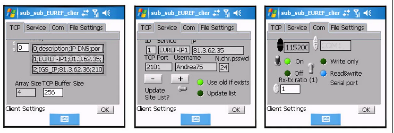 Fig.  2.21  Impostazioni  del  Software  Client.  A  sinistra:  schermata  TCP.  Al  centro:  schermata  Service