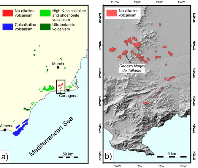 Fig. 1. a) Geographic distribution of Cenozoic magmatism in the Betic region; b) location of the Cabezo Negro de Tallante volcano hosting the studied xenoliths.