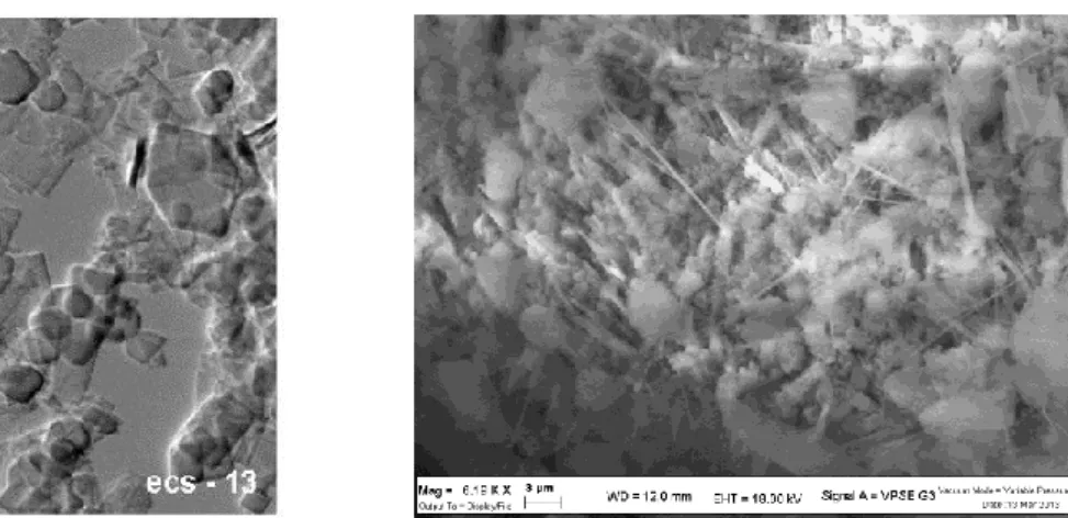 Figure 3.10. TEM micrograph of ECS 13 powder showing the square-shaped platelets (on the left) [7], and SEM  of amorphous ECS 12 powder obtained in the course of research activity (on the right)
