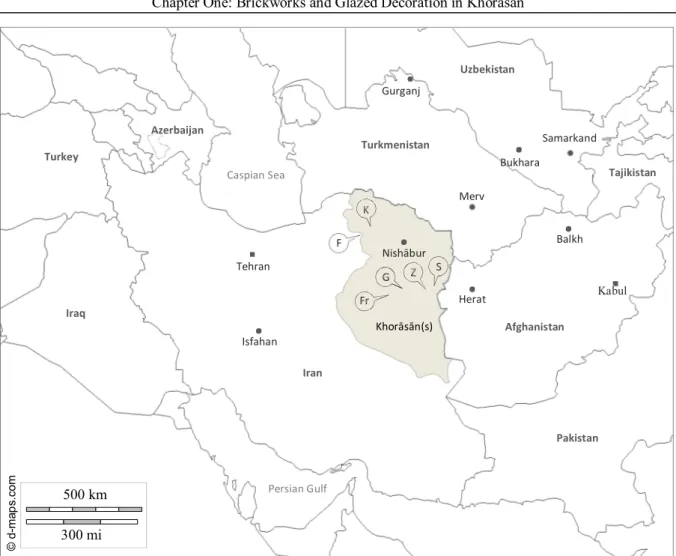 Figure 1.1. Khorāsān(s), the studied area and the location of the selected mosques.   Abbreviations: G: Gonāabad,  Z: Zuzan, F: Farumad, S: Sangān-e Pāʾin, Fr: Ferdows and K: Khosrowshir