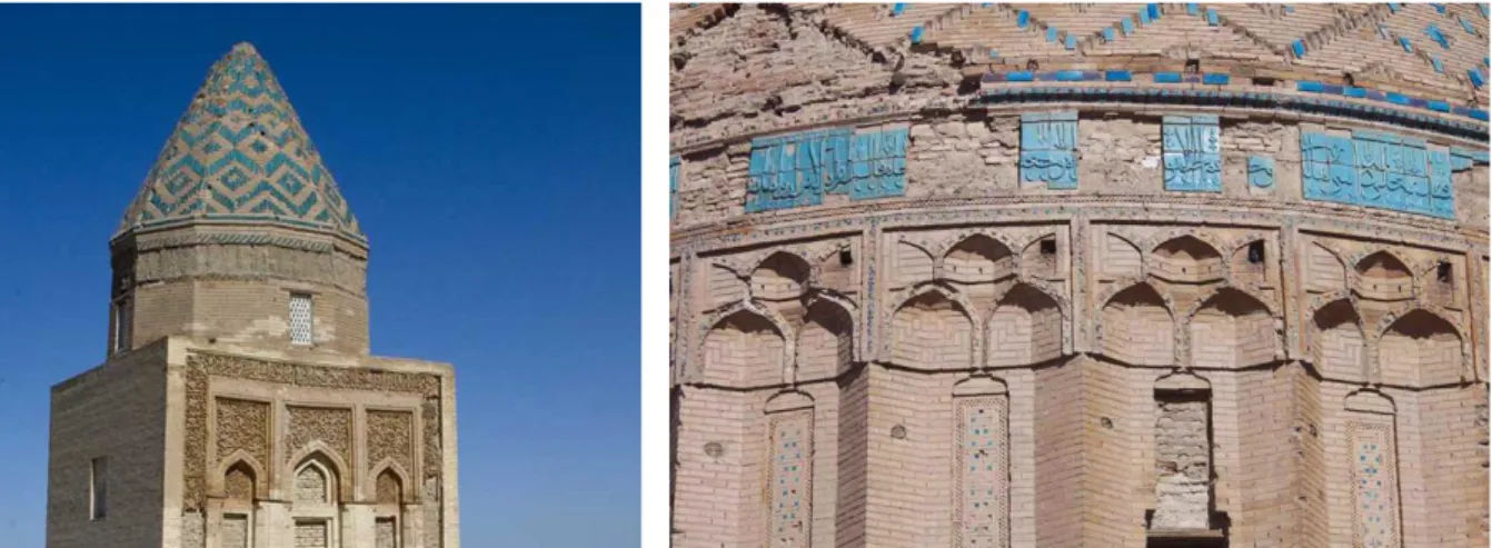 Figure 1.17. The Il-Arsalān Mausoleum, brickwork at the entrance façade and the glazed decorations of its dome  (left) and the inscription and ornaments of  the Takesh Mausoleum (right) 