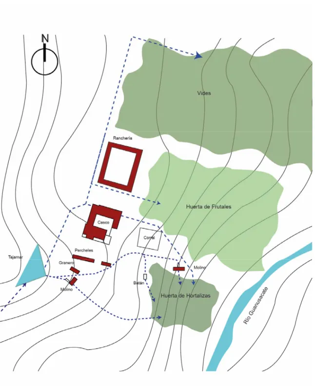 Ilustración 49 Planimetría de referencia de la ubicación de los edificios dentro de los terrenos de Estancia de  Jesús María