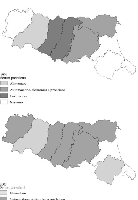 Figura 11. Settori prevalenti per provincia. Emilia-Romagna. Anni: 1991 e 2007.   Fonte: elaborazione su dati Istat DWCIS e Istat I.Stat