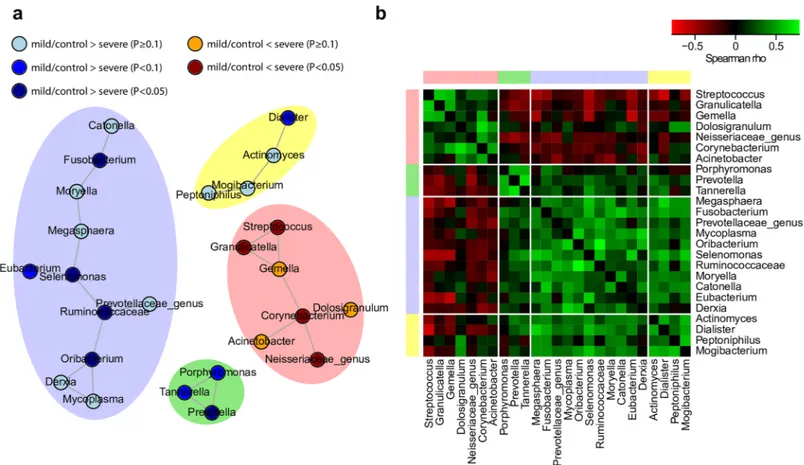 Fig 4. Co-occurrence analysis of bacterial genera. (a) Microbial correlation network of bacterial genera as a surrogate for bacterial interaction