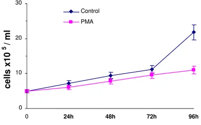 Figura 13. Curva di crescita di cellule Kasumi-1 in condizioni di controllo e dopo tattamento con PMA  per i tempi  indicati