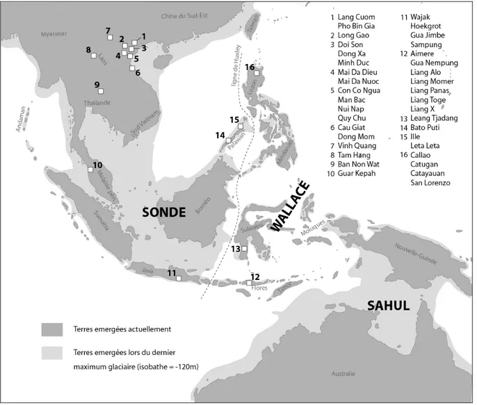 Figure 9 : Localisation des sites archéologiques échantillonnés en Asie du Sud‐Est ayant livré des dents  étudiées dans ce travail. (Fond de carte : Voris, 2000). 