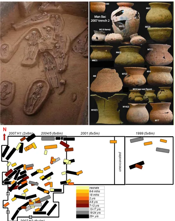 Figure  10 :  Sépultures  et  poteries  mises  au  jour  dans  le  site  de  Man  Bac.  En  haut  à  gauche,  sépultures  de  nouveau‐nés,  enfants  et  adultes  provenant  de  la  tranchée 2007  H2  (vue  en  direction  de  l’est).  En  haut  à  droite, p