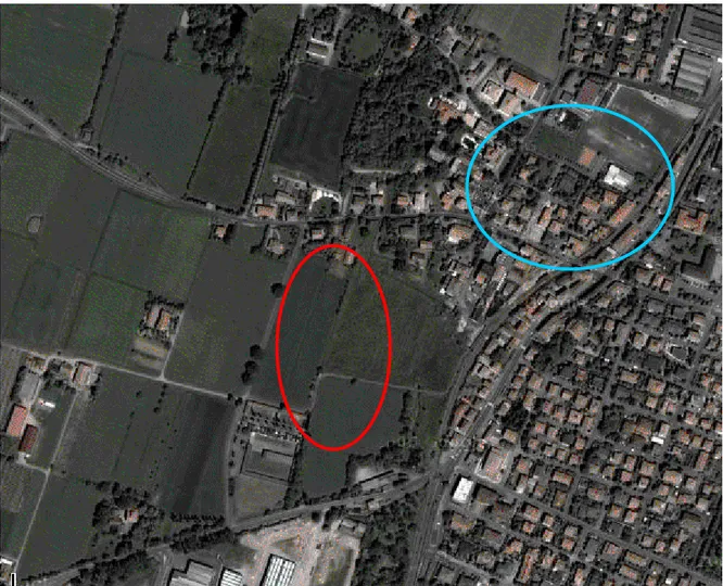 Figura 15. L’area della necropoli vista dall’alto. In rosso l’area della necropoli. In azzurro l’area di abitato