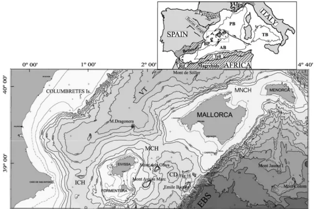 Fig. 2.2 Location and bathymetry of the Balearic Promontory. Bathymetric contour interval is 200 m