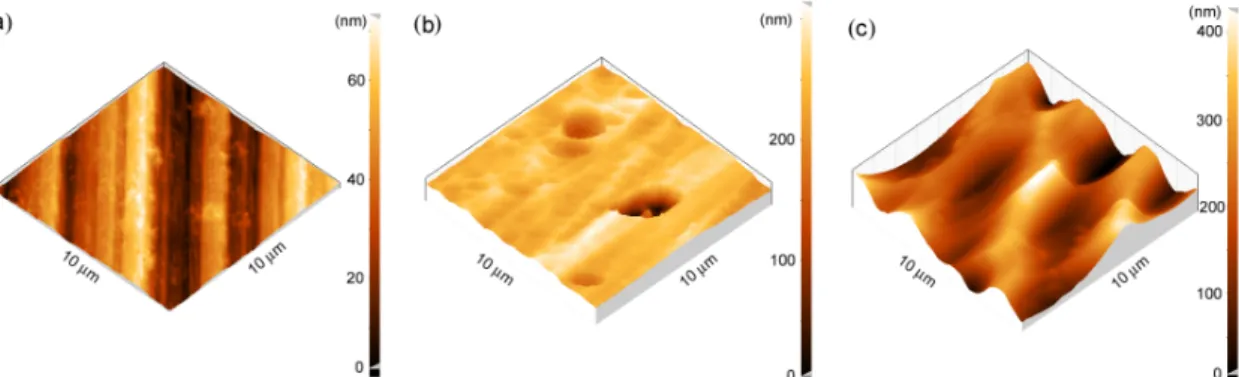 Figure 2.9 AFM pictures of the silicon crystal: (a) just as-cut; (b) after etching according to the procedure here described (c) after  chemical etching according to the procedure in Ref