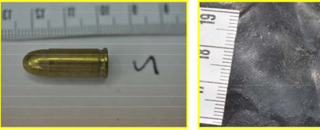 Fig. 16 and 17: the two different types of item selected for the trial,  9mm FMJ cartridge and a glass slide