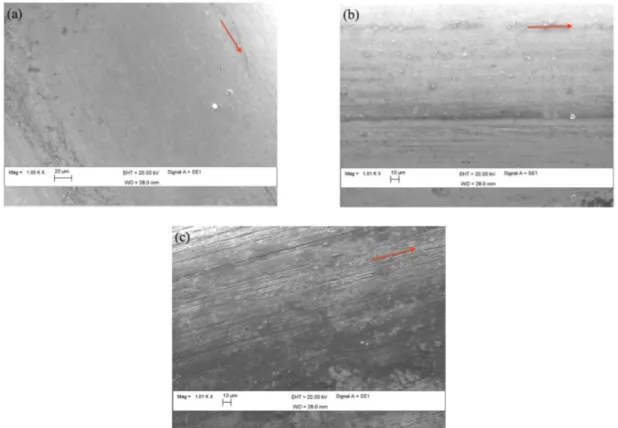 Figure 4 : SEM micrographs of the surfaces of the wires for the different surface treatment conditions:  (a)  NT,  (b)  A and  (c)  AB  samples, respectively