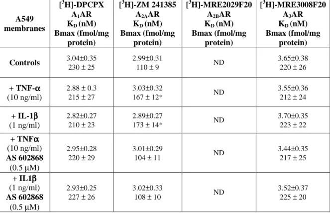 TABLE 2 – Radioligand binding assay for adenosine receptors in A549 cell  membranes  A549 membranes [ 3 H]-DPCPXA1ARKD (nM) Bmax (fmol/mg  protein) [ 3 H]-ZM 241385A2AARKD (nM) Bmax (fmol/mg protein) [ 3 H]-MRE2029F20A2BARKD (nM)Bmax (fmol/mg protein) [ 3 