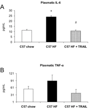 Figure	
   6. 	
   Circulating	
   levels	
   of	
   pro-­‐inflammatory	
   cytokines.	
  Plasmatic	
  levels	
  of	
  IL-­‐6	
  and	
  TNF-­‐α	
  in	
  C57	
   chow,	
  C57	
  HF	
  and	
  C57	
  HF+TRAIL	
  mice.	
  IL-­‐6	
  and	
  TNF-­‐α	
  are	
  mea