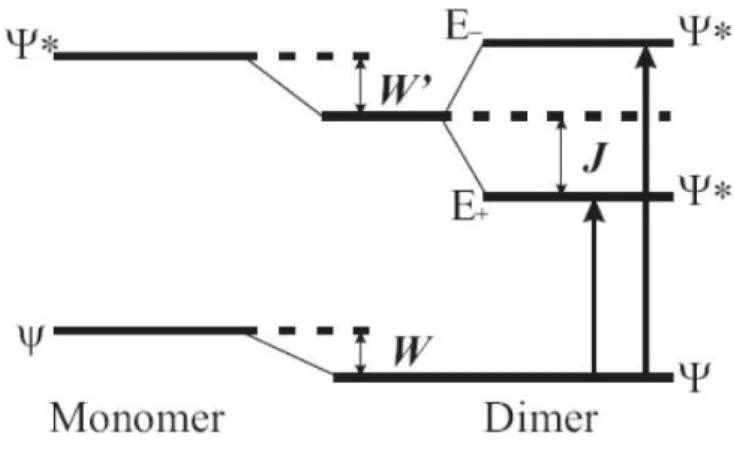Figure 2.3: (left) Energy level scheme for the ground and ﬁrst excited state of a monomer;