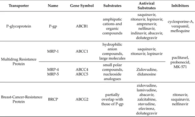 Table 1. The ATP-binding cassette (ABC) efflux active transporters currently known to interact with antiviral drugs.