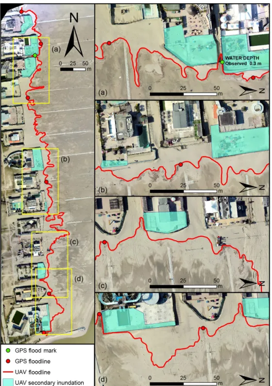 Figure 8. Observed GPS floodline and GPS flood mark (green and red circles), UAV (solid red line and light-blue polygons) flood extension comparisons: the box on the left shows an overview of the target area while on the right (a, b, c, d) some spot focuse
