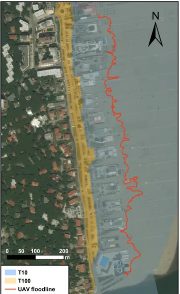 Figure 9. Comparisons between the observed UAV floodline and the flood scenarios (T10 and T100) computed by Perini et al