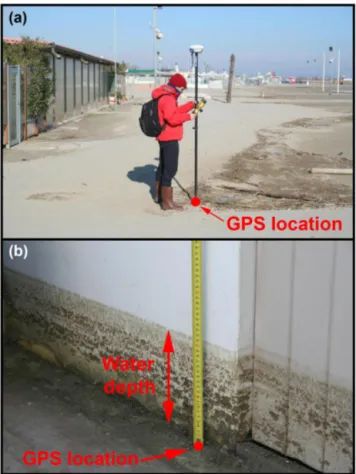 Figure 4. Examples of GPS floodline (a) and GPS flood mark (b) measurements.