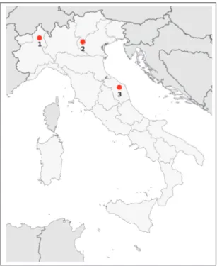 Figura 3.9: Mappa di distribuzione di Pliomys coronensis: 1: Ciota Ciara; 2: Ponte di Veia A, Grotta di Fumane; 3: Grotta del Vento