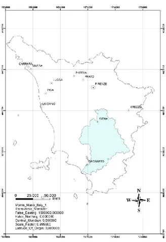 Figure 3.1: framework of the basin of Ombrone in respect to Tuscany region. 