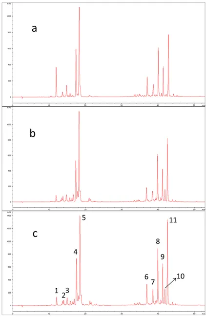Figure 2. HPLC-UV/Vis chromatograms of “Delica” pumpkin extracts: (a) raw fresh sample; (b) steam cooked sample; (c) oven cooked sample.