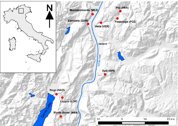 Figure  1.1  Map  of  the  nine  sampling  sites  (indicated  by  red  dots)  in  the  Alpine  region  of  Trentino  Alto-Adige