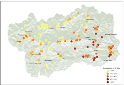 Fig. 2.1 Concentrazioni di  137 Cesio nei mieli millefiori della Valle d’Aosta 
