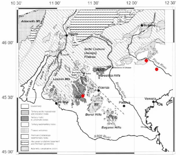 Fig. 4.4 Mappa della zona sud-alpina del Veneto. Le zone segnate si riferiscono ai campi sperimentali 