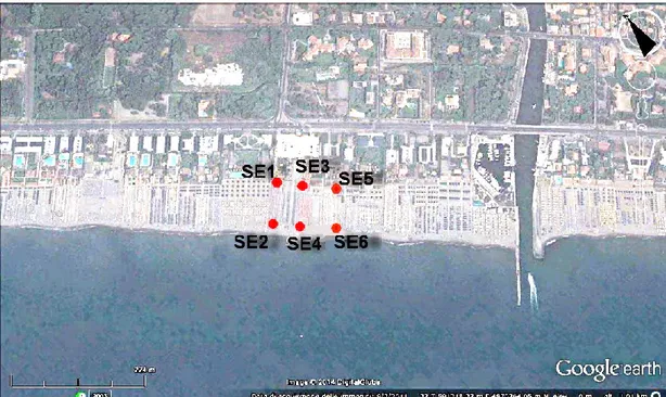 Figura 32: Ubicazione del campionamento condotto nel litorale di Marina di Massa (MS) (da  GoogleTM Earth 2010-mod) 