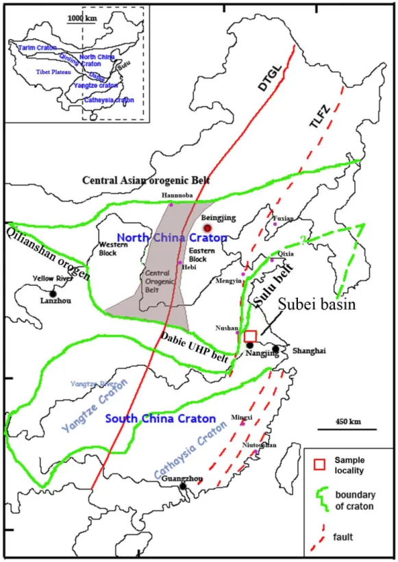Fig. 2.1 - Simplified tectonic units of Eastern China and sample locality. (modified after Zhang  et al., 2008) 