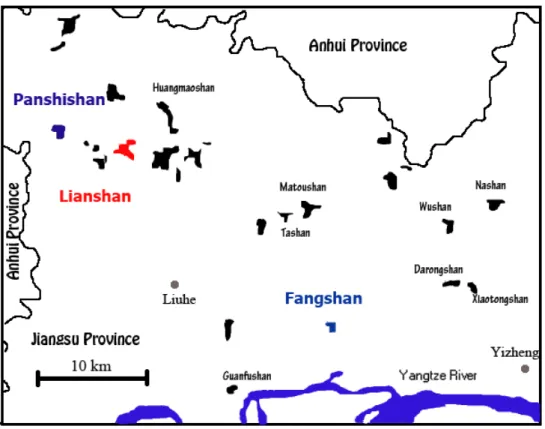 Fig. 2.6 - Detail map of sample locality and alkali basalt outcrops in the northern part of  Jiangsu Province (modified after Zhi, 1991) 