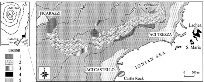 Fig. 4.1.  - Sketch map of the tholeiitic lithotypes in the Acicastello–Acitrezza–Ficarazzi area