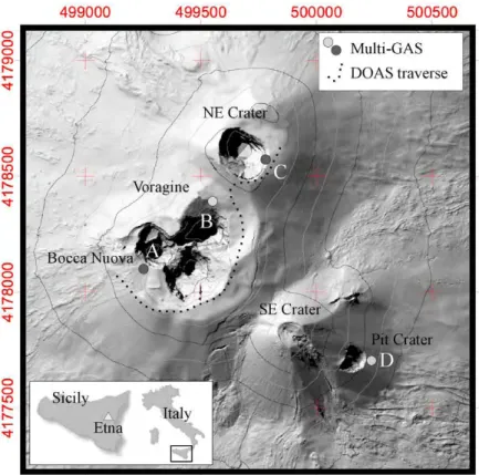 Fig. 6.1.2 – Map of Mt. Etna summit craters area, showing the MultiGAS sites measurements (Aiuppa et al