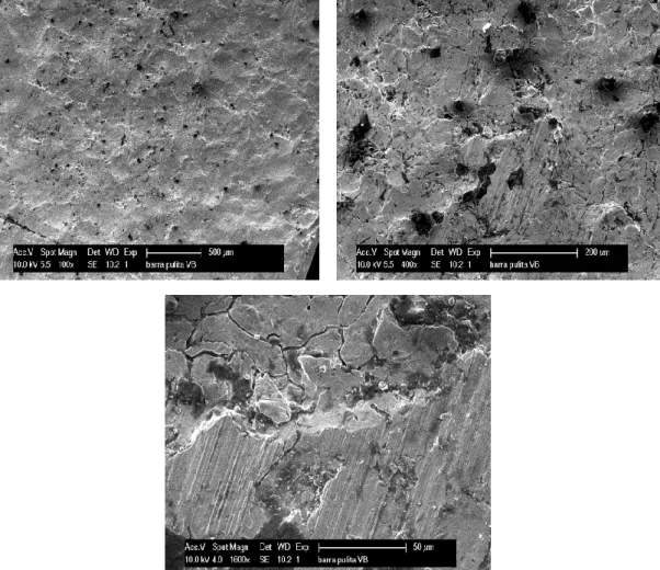 Figure 5.1: SEM micrographs of the bar pickled with standard industrial recipe,  arranged with increasing magnification