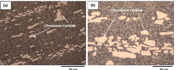 Figure 7 shows the microstructure of the D2 tool steel base metal, which mainly consists of Cr 7 C 3  primary 
