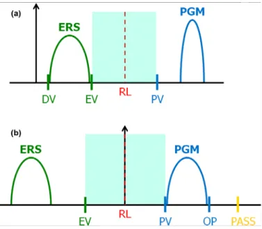 Figure II.7:  (a) NOR and (b) NAND program windows. DV=Depletion Verify level;  EV=Erase Verify level; RL=Read Level; PV=Program Verify level; OP=Over-Programming 