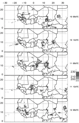 Figure 3.1: Meteosat cloud top temperature from 00 UTC 10 Aug. to 00 UTC 12 Aug. 2006, every 12 hours
